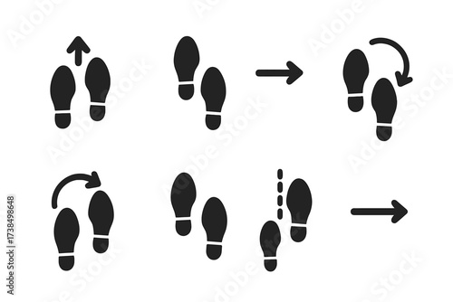 Dance Step Icons. Solid, filled icon set of dance step instructions: step forward, step backward, step side, pivot, turn right, turn left, jump, slide. Solid,