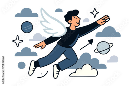 Limitless Wings. Flying high. A character soaring with glowing wings among abstract floating clouds, stars, and planets, representing limitless dreams. Modern