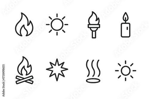Fire and Sun Icons. Outline icon set of fire energy and power: flame icon, burning sun, torch, candle, bonfire, explosive burst, heat symbol, glowing ember.