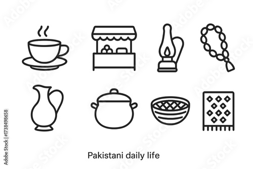 Pakistani Life Icons. Outline icon set of Pakistani daily life: tea cup, street market stall, traditional lamp, prayer beads, water pitcher, cooking pot, woven