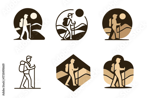 Desert Exploration Logos. Desert tourism and exploring arid landscapes. Set Logo of Desert tourism: desert explorer with backpack. harmonious logo variations