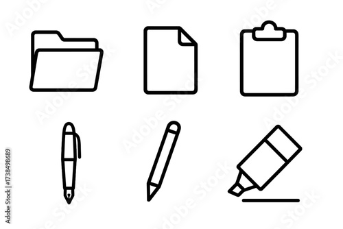 Document Handling Icons. Outline icon set of document handling: folder, file, document, clipboard, pen, pencil, highlighter, eraser. Line icons in only black