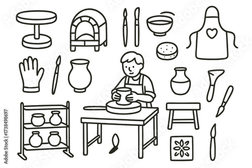 Pottery Workshop Doodles. Hand-drawn doodle illustration pottery workshop clay, potter?s wheel, sculpting tools, kiln, apron, gloves, paintbrush, water bowl,
