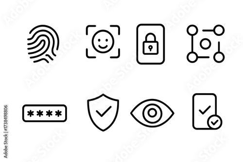 Touch Security Icons. Outline icon set of touch security: fingerprint, face recognition, lock screen, pattern unlock, password input, security shield, privacy