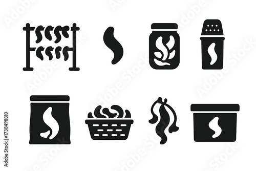 Orange Peel Icon Set. Solid, filled icon set of orange peel drying and storage: drying rack, drying peel, airtight jar, spice container, sealed bag, basket,