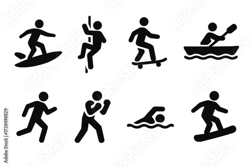 Solo Sports Icons. Solid, filled icon set of solo sports: solo surfer, solo climber, solo skateboarder, single kayaker, solo runner, lone boxer, solo swimmer,