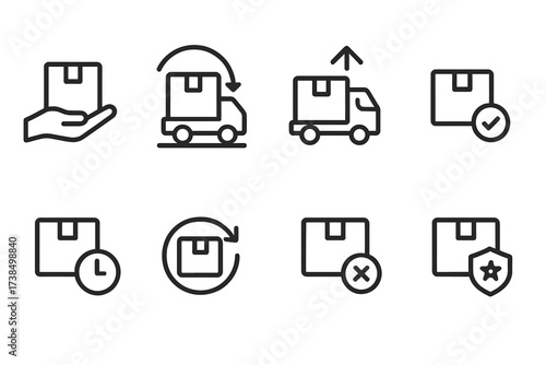 Delivery Status Icons. Outline icon set of delivery status indicators: package picked up, in transit, out for delivery, delivered, delayed, returned,
