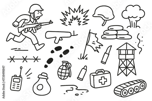 Warzone Doodle Elements. Hand-drawn doodle illustration Warzone retreat elements soldier running, rifle, helmet, explosion, smoke, sandbag, barbed wire, broken