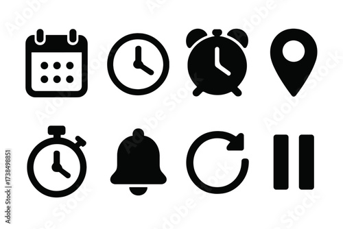 Interval Scheduling Icons. Solid, filled icon set of interval scheduling: calendar, clock, alarm, event marker, timer, notification bell, repeat, pause. [Line