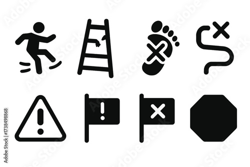 Safety Warning Icons. Solid, filled icon set of false step: slipping person, broken ladder, crossed footprint, failed path, warning icon, mistake flag, caution
