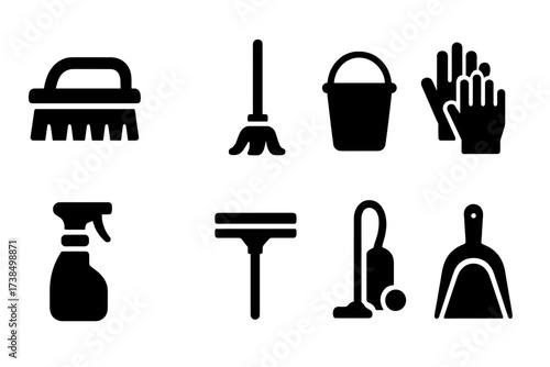 Cleaning Icons Set. Solid, filled icon set of cleaning equipment: scrub brush, mop, bucket, gloves, spray bottle, squeegee, vacuum cleaner, dustpan. [Line