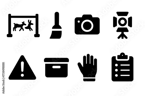 Cave Painting Icons. Solid, filled icon set of cave painting preservation: protective barrier, restoration brush, camera, spotlight, warning sign, archive box,