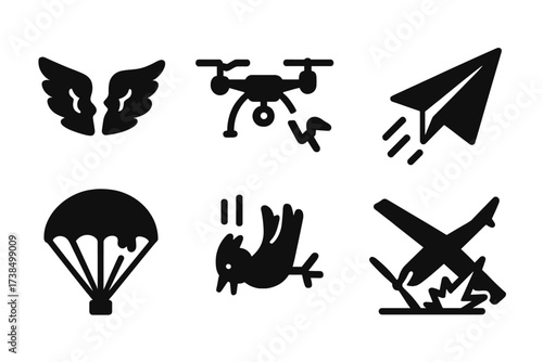 Failed Flight Icons. Solid, filled icon set of failed flight attempts: crumpled wings, broken drone, falling paper plane, snapped propeller, scorched