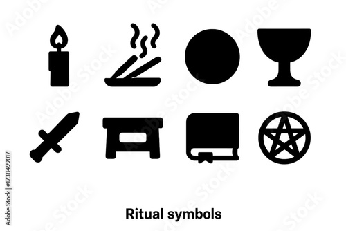 Ritual Symbols Icons. Solid, filled icon set of ritual symbols: candle, incense, circle, chalice, dagger, altar, book, pentacle. [Line icons in only black