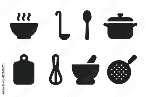 Soup Utensil Icons. Solid, filled icon set of soup utensils: soup bowl, ladle, spoon, pot, chopping board, whisk, mortar and pestle, strainer. Solid, filled