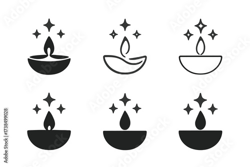Diwali Logo Variations. Diwali diyas and festival lights. Set Logo of Diwali celebration: sparkling stars icon. harmonious logo variations of the