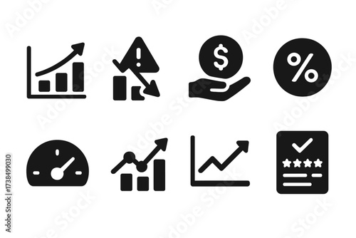 Fund Performance Icons. Solid, filled icon set of fund performance: profit chart, loss warning, dividend payout, yield percentage, risk meter, market trend,