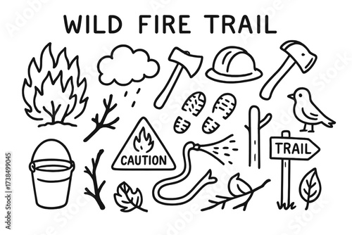 Wildfire Doodle Elements. Wild Fire Trail. Hand-drawn doodle illustration wild fire trail burning bush, smoke cloud, flame, firefighter gear, axe, hose,