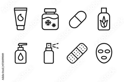 Irritation Treatment Icons. Solid, filled icon set of irritation treatment: soothing cream, cold compress, antihistamine pill, aloe vera gel, hydrating lotion,