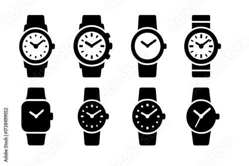 Diverse Watch Icons. Solid, filled icon set of watch styles: classic, sport, minimalist, vintage, modern, elegant, casual, avant-garde. Solid, filled icons in