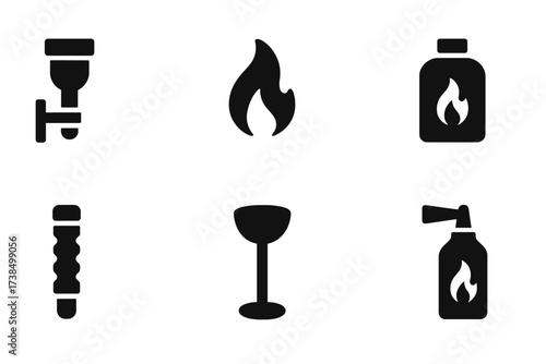 Torch Accessory Icons. Solid, filled icon set of torch accessories: torch holder, torch flame, wick, fuel canister, handle grip, safety guard, torch stand,
