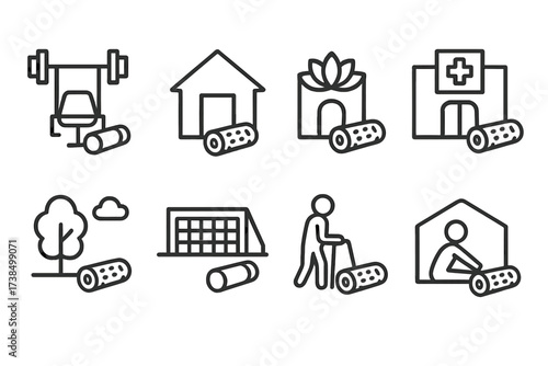 Foam Roller Icon Set. Outline icon set of foam roller workout settings: gym, home, yoga studio, physical therapy clinic, outdoor park, sports field,