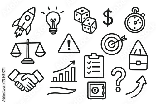 Entrepreneurship Doodle Icons. Hand-drawn doodle illustration Risk and opportunity in entrepreneurship rocket, light bulb, dice, dollar sign, briefcase,