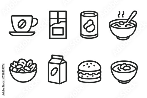 Bean Product Icons. Outline icon set of bean food products: coffee cup, chocolate bar, baked beans, bean soup, bean salad, soy milk carton, bean burger, hummus