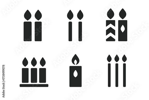 Candle Logo Grid. Birthday surprise parties for friends. Set Logo of Candles: Candles. Iconic shape, Negative space, Minimal outline, Flat solid, Abstract