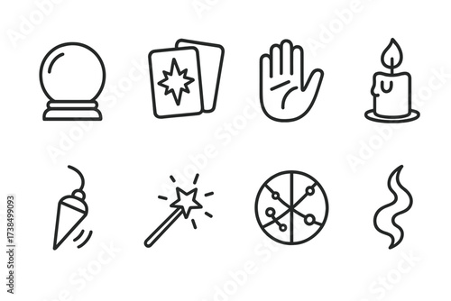 Fortune Telling Icons. Outline icon set of fortune telling tools: crystal ball, tarot deck, palmistry hand, candle flame, pendulum swing, magic wand, astrology