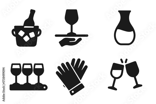 Wine Icon Set. Solid, filled icon set of wine serving elements: bottle in ice bucket, glass on tray, carafe, serving tray, wine flight board, serving gloves,