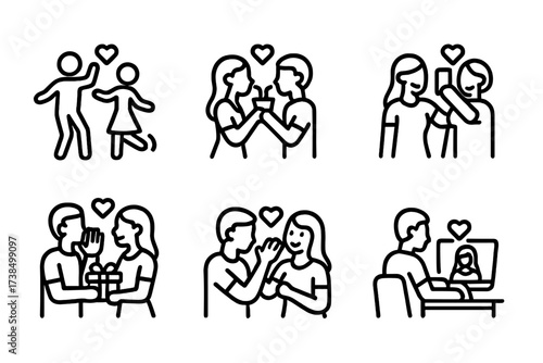 Flirt Activity Icons. Outline icon set of flirt activities: dancing, sharing drink, taking selfie, exchanging gifts, whispering, playful teasing, writing