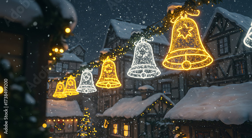 Winter Lights Festival: A picturesque village scene, adorned with illuminated bells in a symphony of warm and cool hues, comes alive with falling snowflakes.