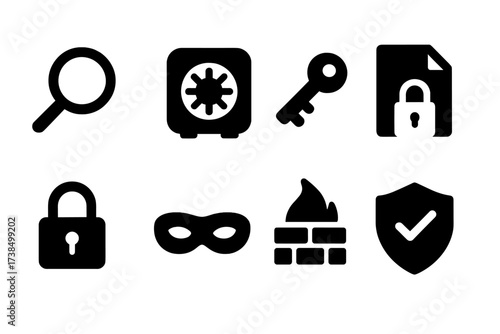 Secret Handling Tools Icons. Solid, filled icon set of secret handling tools: magnifying glass, safe lock, encryption key, secure file, digital lock, eye mask,