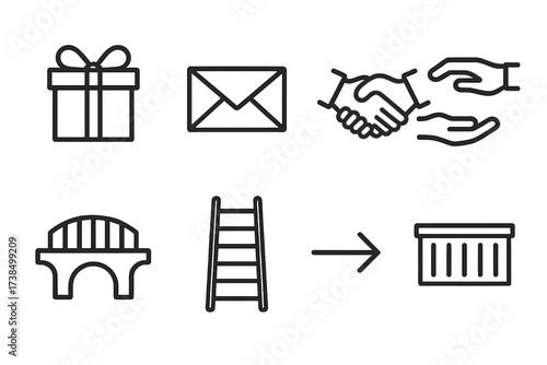 Legacy Transfer Icons. Outline icon set of legacy transfer: gift box, envelope, handshake, hand passing, bridge, ladder, arrow, container. Line icons in only