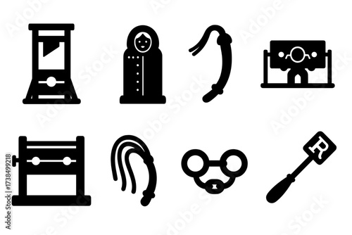 Historical Punishment Icons. Solid, filled icon set of historical punishment devices: guillotine, stocks, iron maiden, pillory, rack, flogging whip, shackles,