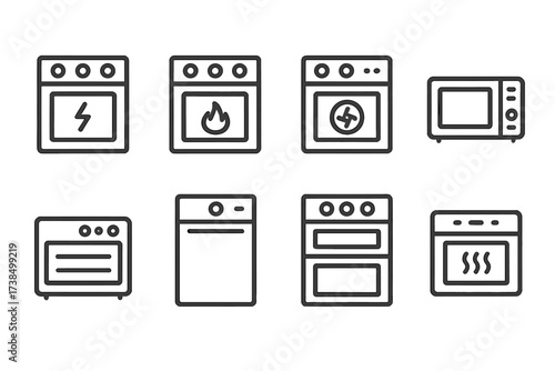 Oven Icons Set. Outline icon set of oven types: electric oven, gas oven, convection oven, microwave oven, toaster oven, wall oven, double oven, steam oven.
