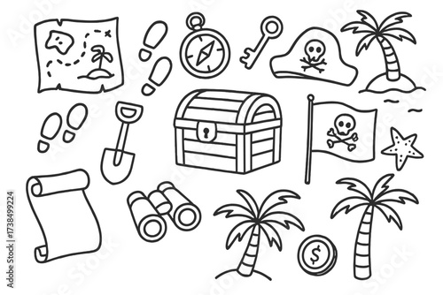 Pirate Treasure Icons. Hand-drawn doodle illustration find treasure treasure chest, map, compass, key, lock, shovel, footprint, pirate hat, flag, island,