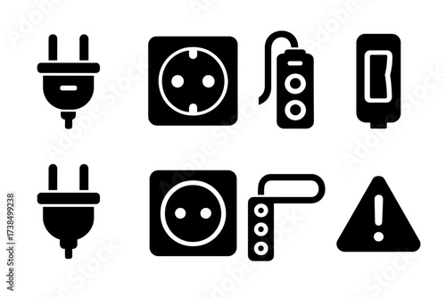 Safety Plug Icon Set. Solid, filled icon set of safety plugs: plug with safety shutter, childproof socket, surge protector, circuit breaker, insulated plug,