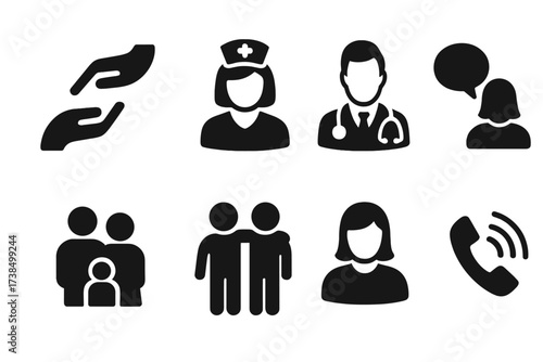 Recovery Support Icons. Solid, filled icon set of recovery support: helping hand, nurse, doctor, family, friend, counselor, support group, phone call. Solid,