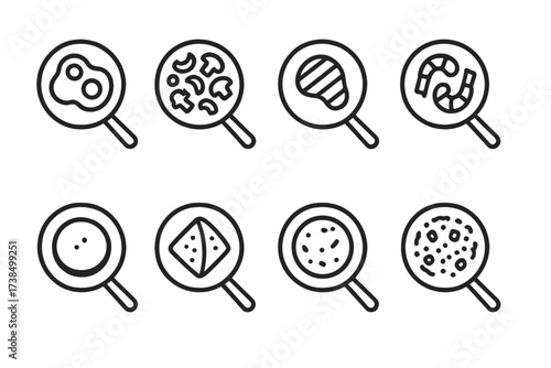 Outline Icons_ Meals & Safety. Outline icon set of pan meal types: breakfast eggs, stir-fried vegetables, grilled steak, sauteed shrimp, pancake, crepe, fried