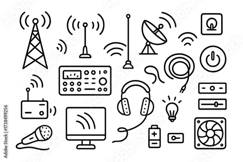 Radio Equipment Doodles. Hand-drawn doodle illustration Radio transmission equipment radio tower, antenna, satellite dish, transmitter, signal waves, control