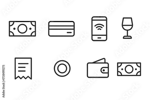 Payment Icon Set. Outline icon set of payment methods: cash, credit card, mobile pay, bar tab, receipt, coin, wallet, banknote. [Line icons in only black