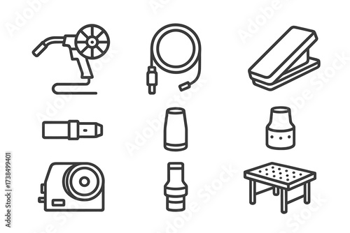 Welding Tools Icons. Outline icon set of welding machine accessories: spool gun, gas hose, foot pedal, contact tip, nozzle, diffuser, wire feeder, welding