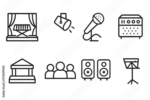 Keyboard Performance Icons. Outline icon set of keyboard performance: stage, spotlight, microphone, amplifier, monitor speakers, concert hall, audience, music
