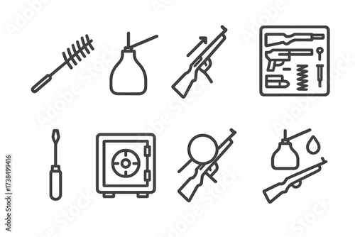 Rifle Maintenance Icons. Outline icon set of rifle maintenance: cleaning brush, oil can, disassembly, parts kit, screwdriver, gun safe, inspection,
