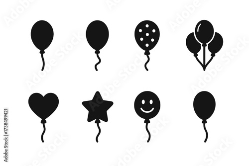 Party Balloon Icons. Solid, filled icon set of party balloons: helium balloon, tied string balloon, confetti balloon, balloon bunch, heart-shaped balloon, star