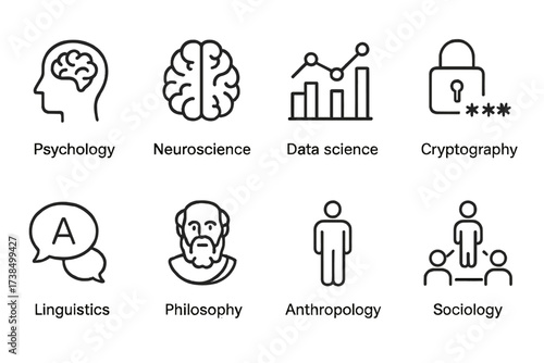 Disciplines and Communication Icons. Outline icon set of intelligence disciplines: psychology, neuroscience, data science, cryptography, linguistics,