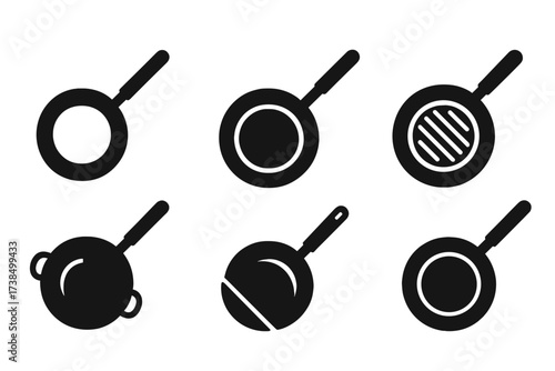 Pan Icon Collection. Solid, filled icon set of pans with handles: frying pan with long handle, saute pan with helper handle, grill pan with ridges, crepe pan