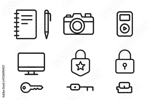 Investigation Tool Icons. Outline icon set of investigation tools: notebook, pen, camera, tape recorder, computer, key, lock, badge. Line icons in only black